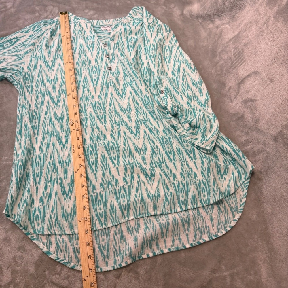 Kim Rogers Curvy Womens 1X Teal White Tunic Blouse Roll Tab 3/4 Sleeve High-Low - Picture 7 of 9